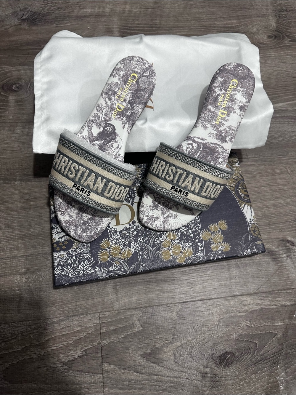 Christian Dior Embroidered Slide Sandals in Grey & Cream